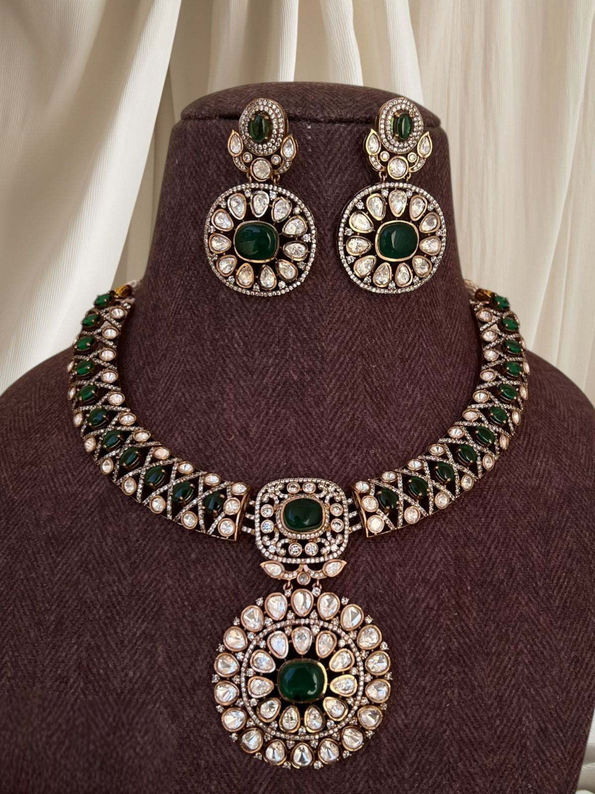 Antique Gold-Finish Polki Necklace Set | Indian Jewellery | Floral Kundan & Stone Choker Necklace Set with Earrings