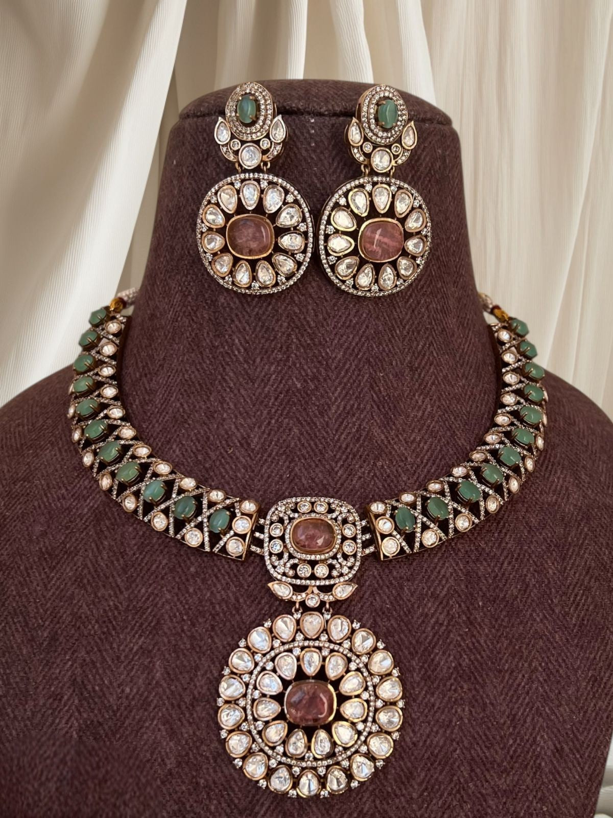 Antique Gold-Finish Polki Necklace Set | Indian Jewellery | Floral Kundan & Stone Choker Necklace Set with Earrings