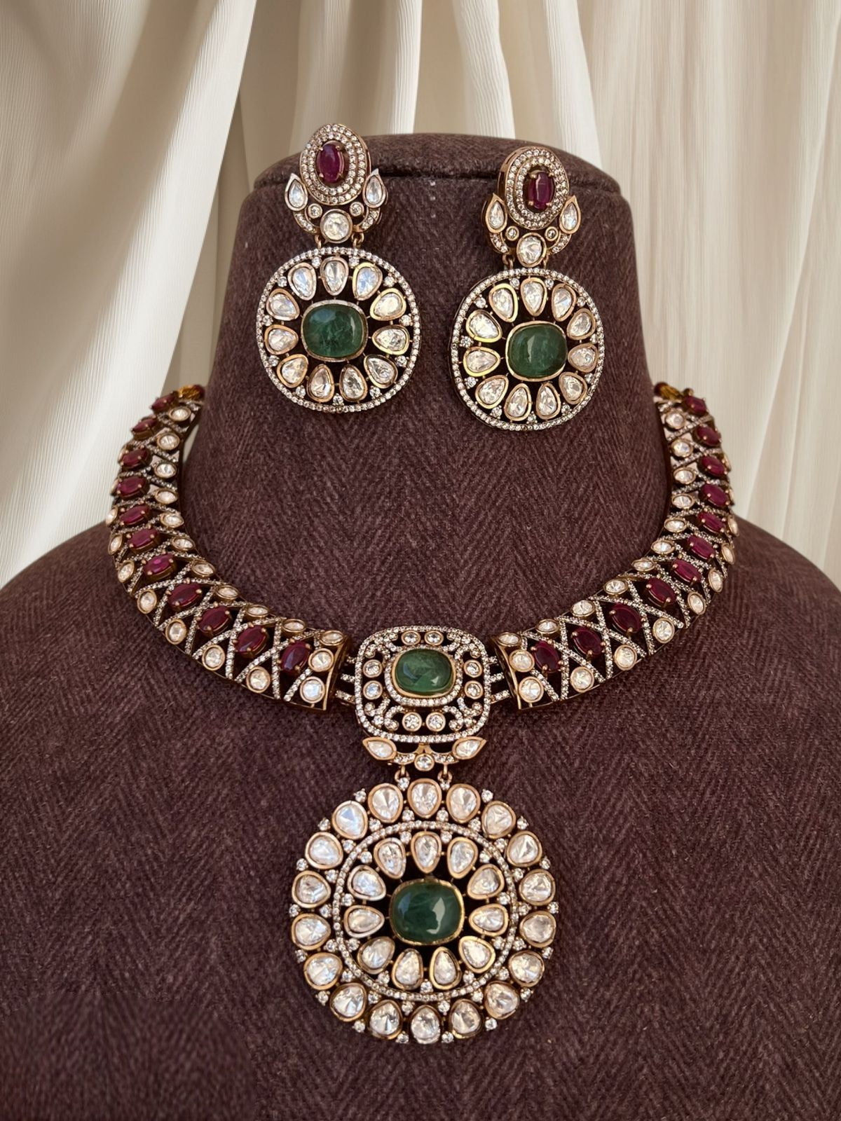 Antique Gold-Finish Polki Necklace Set | Indian Jewellery | Floral Kundan & Stone Choker Necklace Set with Earrings