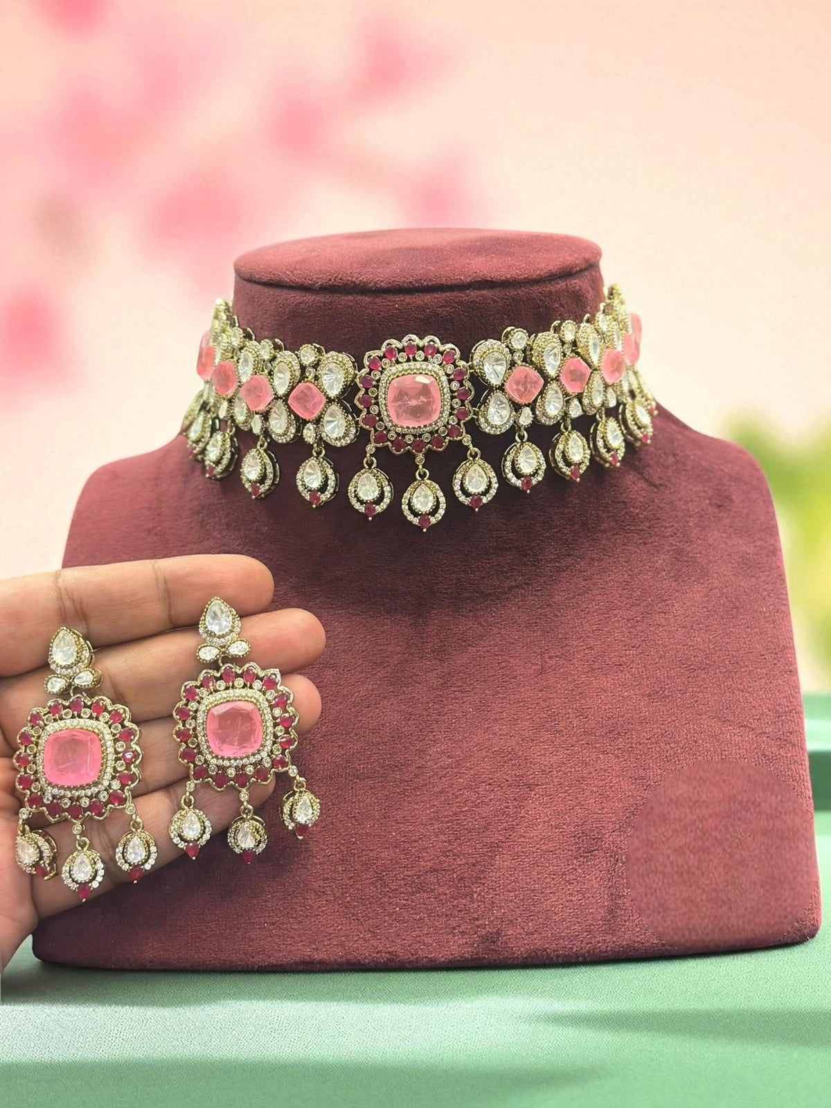 Regal Blue Stone Kundan Choker Necklace & Earring Set Traditional Bridal Jewelry - Libasaa.com