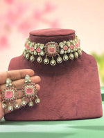 Regal Blue Stone Kundan Choker Necklace & Earring Set Traditional Bridal Jewelry - Libasaa.com