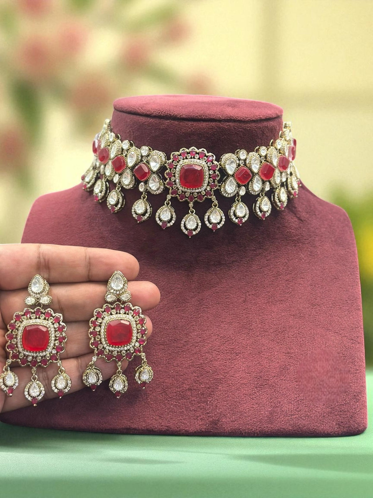 Regal Blue Stone Kundan Choker Necklace & Earring Set Traditional Bridal Jewelry - Libasaa.com