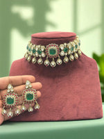 Regal Blue Stone Kundan Choker Necklace & Earring Set Traditional Bridal Jewelry - Libasaa.com