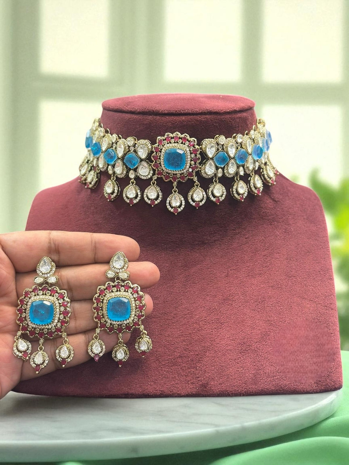 Regal Blue Stone Kundan Choker Necklace & Earring Set Traditional Bridal Jewelry - Libasaa.com