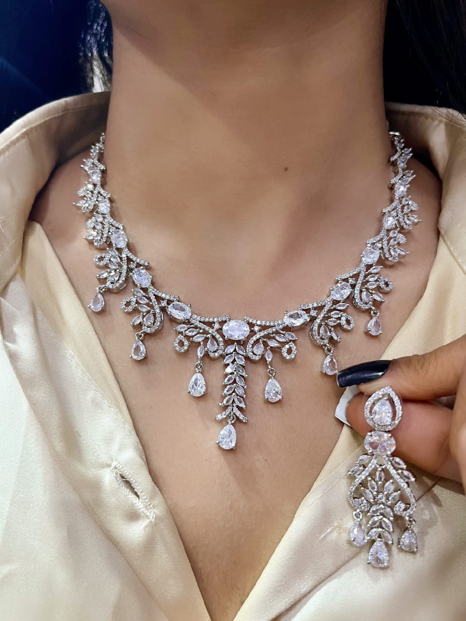 Silver-Plated Bridal Jewellery Set | Indian Jewellery | Stone AD Necklace & Earring Set | Premium Indian Neckles Set for Women