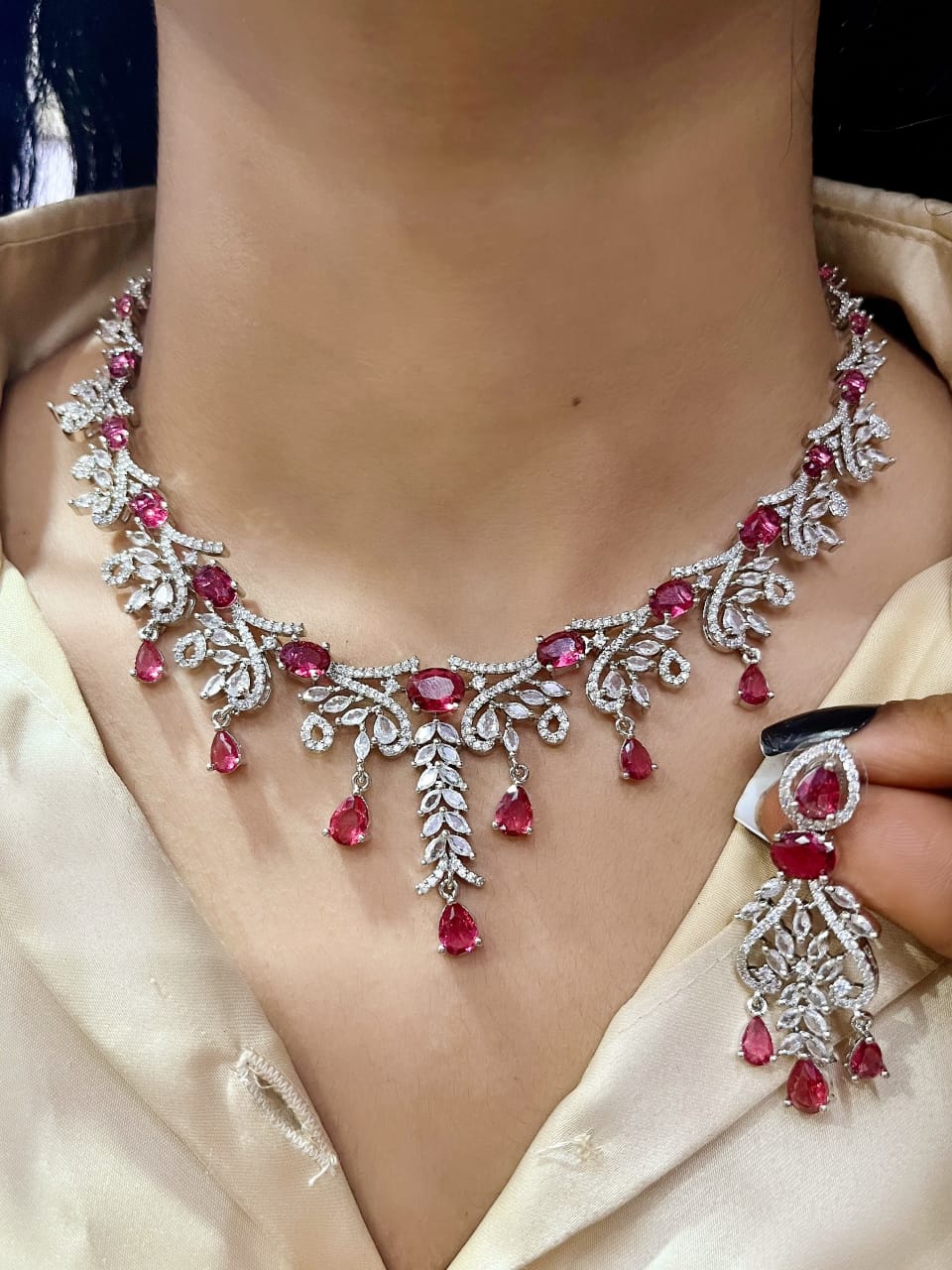 Silver-Plated Bridal Jewellery Set | Indian Jewellery | Stone AD Necklace & Earring Set | Premium Indian Neckles Set for Women