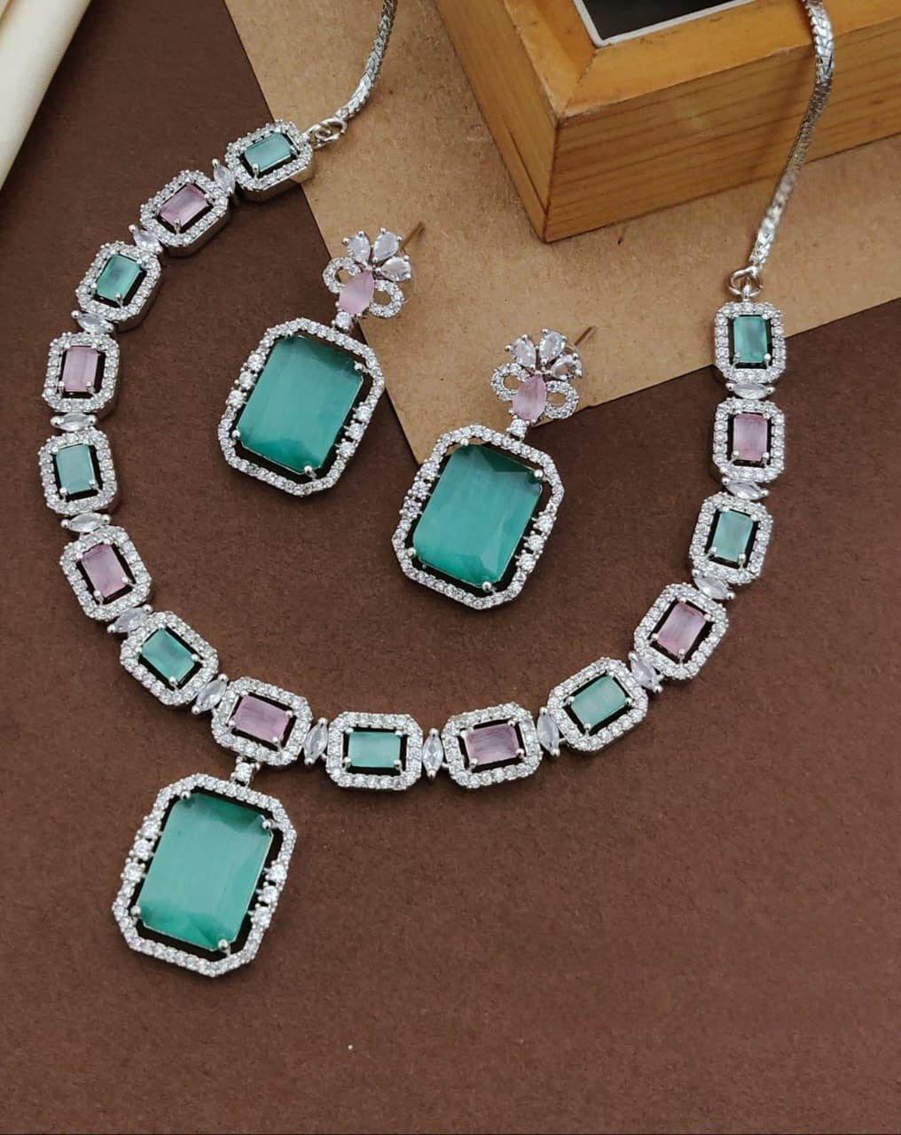Dual-Tone Green & Pink Stone Diamond Necklace Set with Earrings | Indian Jewellery | Stone Diamond Jewellery | Indian Necklace Set