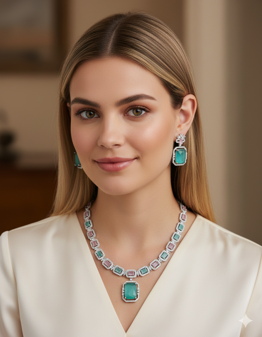 Dual-Tone Green & Pink Stone Diamond Necklace Set with Earrings | Indian Jewellery | Stone Diamond Jewellery | Indian Necklace Set