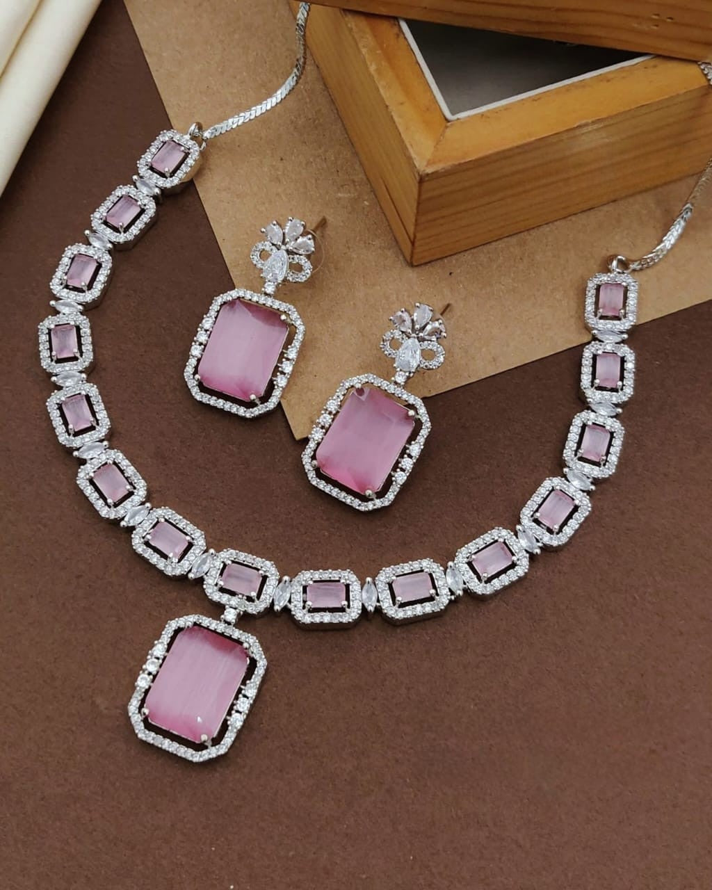 Dual-Tone Green & Pink Stone Diamond Necklace Set with Earrings | Indian Jewellery | Stone Diamond Jewellery | Indian Necklace Set