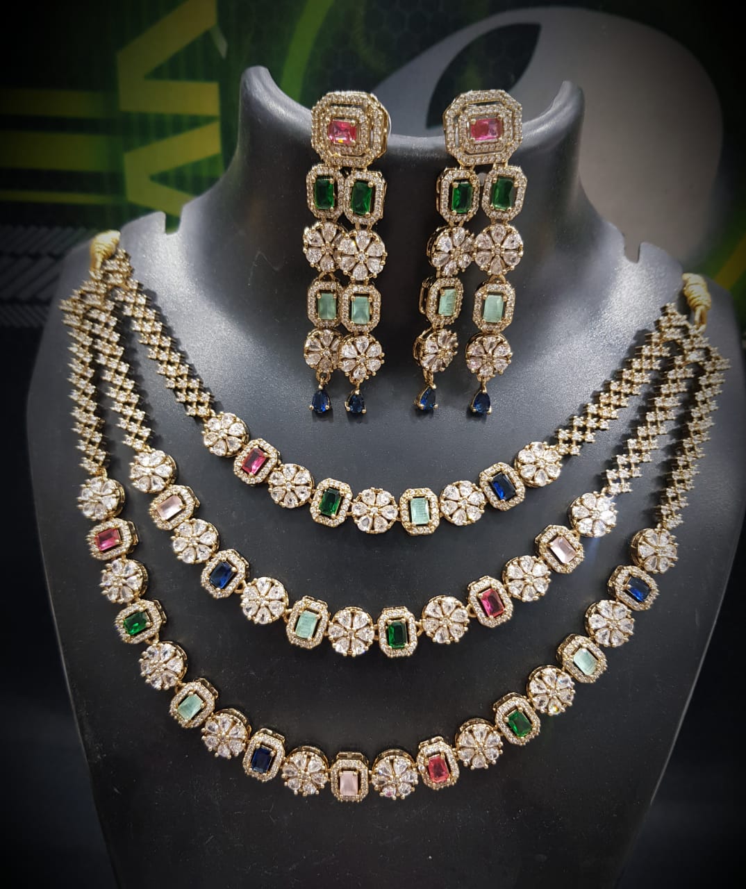 Luxurious 3-Layer American Diamond Necklace Set | Gold-Plated Indian Jewellery | Premium Indian Necklace Set With Matching Earrings