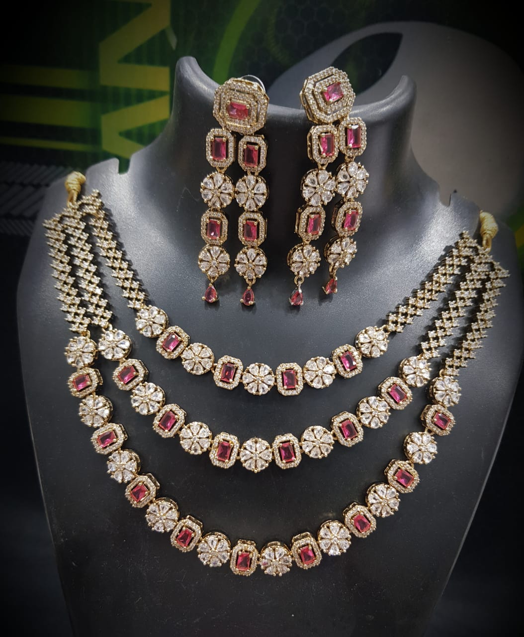 Luxurious 3-Layer American Diamond Necklace Set | Gold-Plated Indian Jewellery | Premium Indian Necklace Set With Matching Earrings