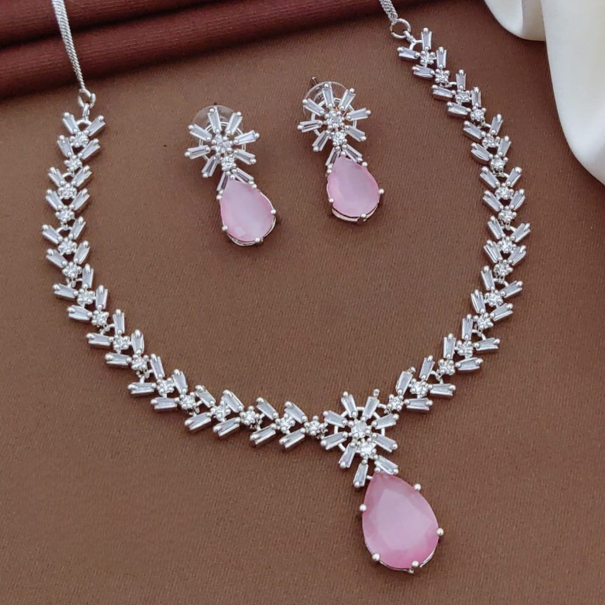 Silver CZ Necklace Set with Pink Teardrop Stones | Silver-Plated Indian Jewellery | Elegant Indian Necklace Set With Matching Earrings