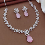 Silver CZ Necklace Set with Pink Teardrop Stones | Silver-Plated Indian Jewellery | Elegant Indian Necklace Set With Matching Earrings