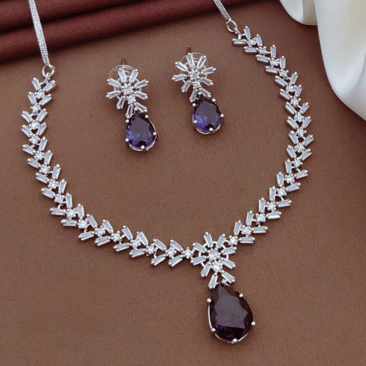 Silver CZ Necklace Set with Pink Teardrop Stones | Silver-Plated Indian Jewellery | Elegant Indian Necklace Set With Matching Earrings