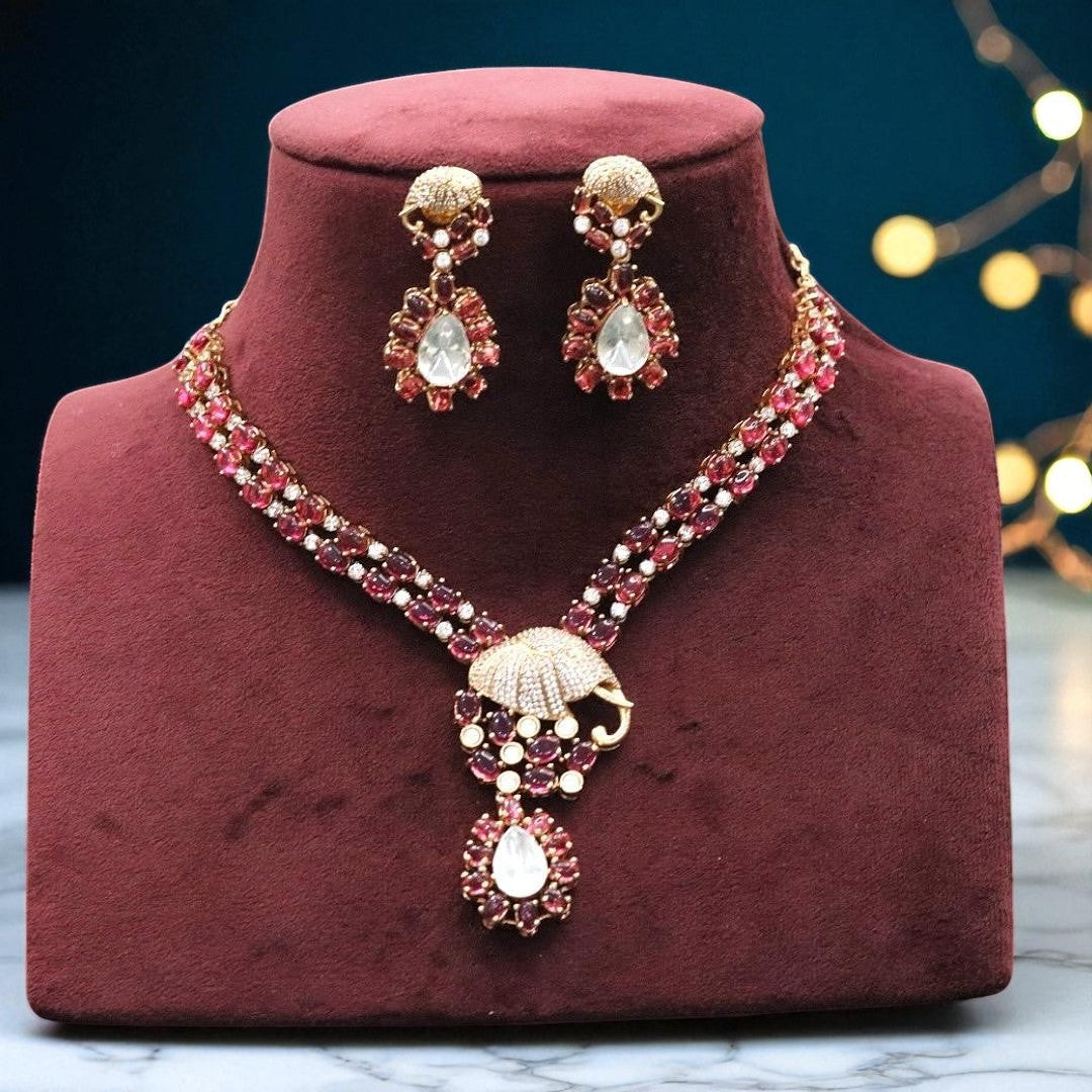 Royal Blue Stone AD Necklace & Earring Set with Umbrella Motif β Designer Statement Jewelry - Libasaa.com