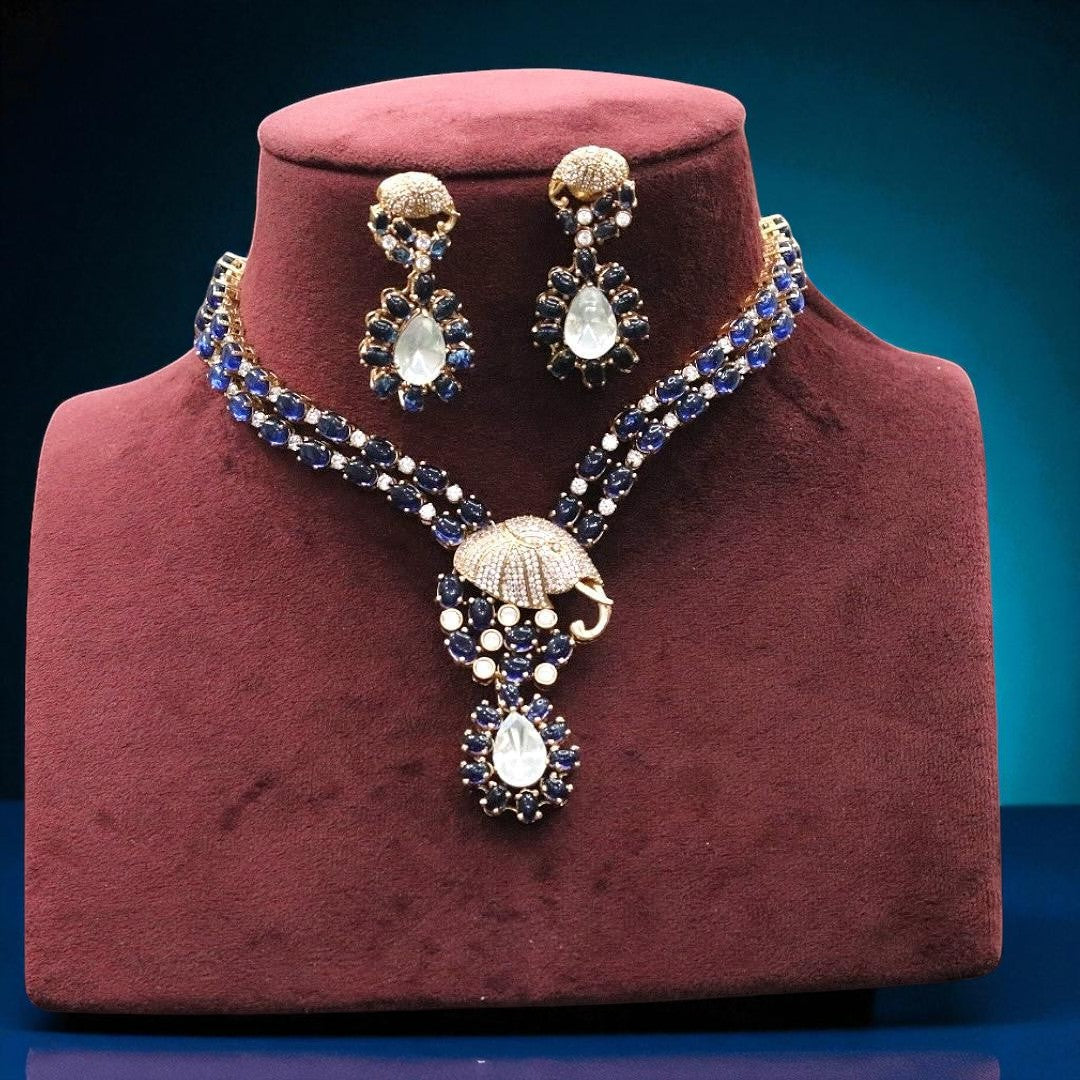 Royal Blue Stone AD Necklace & Earring Set with Umbrella Motif β Designer Statement Jewelry - Libasaa.com