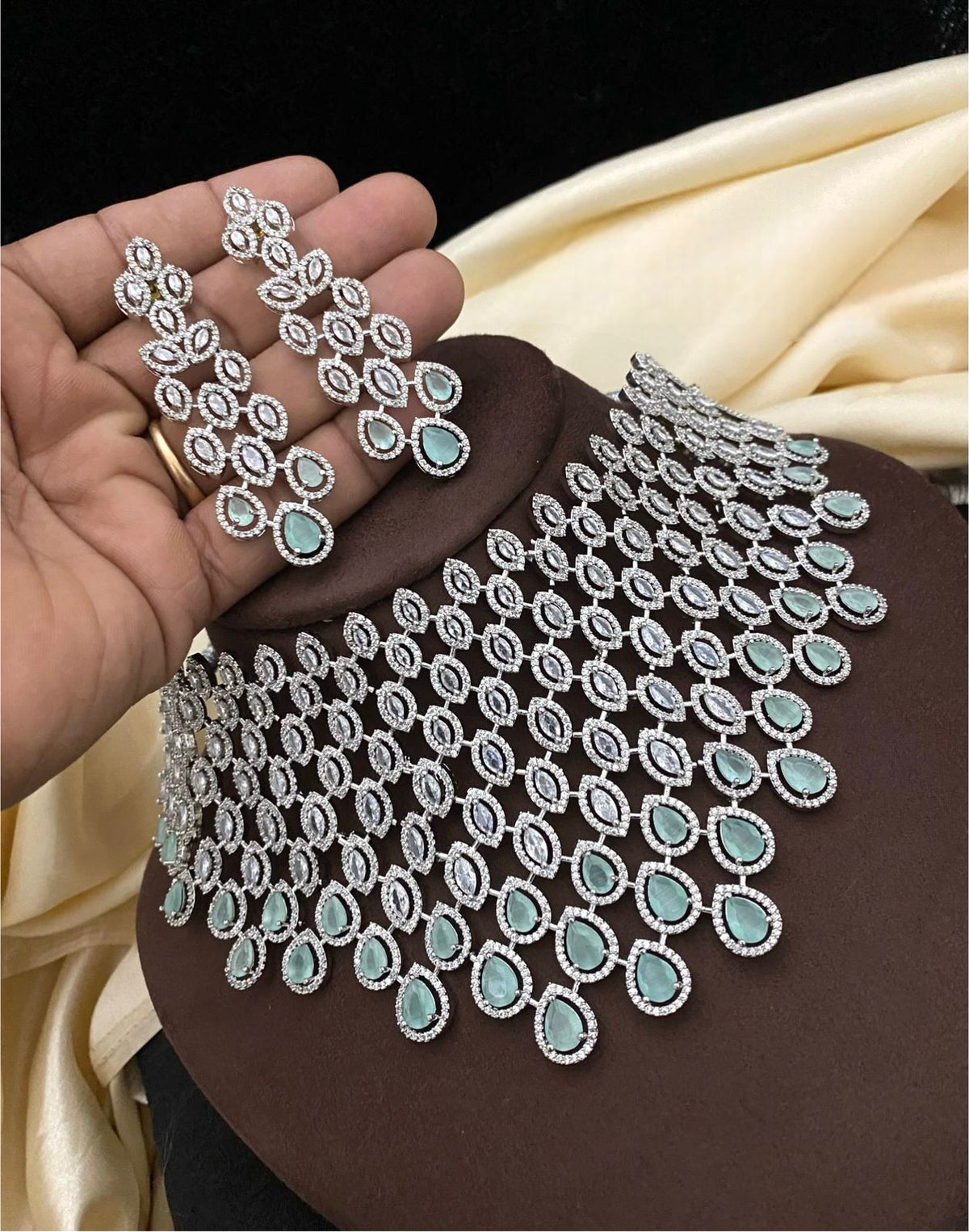 Silver-Plated Choker Necklace Set with Mint Green Stones | Silver-Plated Indian Jewellery | Stylish Indian Necklace Set With Matching Earrings