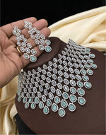 Silver-Plated Choker Necklace Set with Mint Green Stones | Silver-Plated Indian Jewellery | Stylish Indian Necklace Set With Matching Earrings