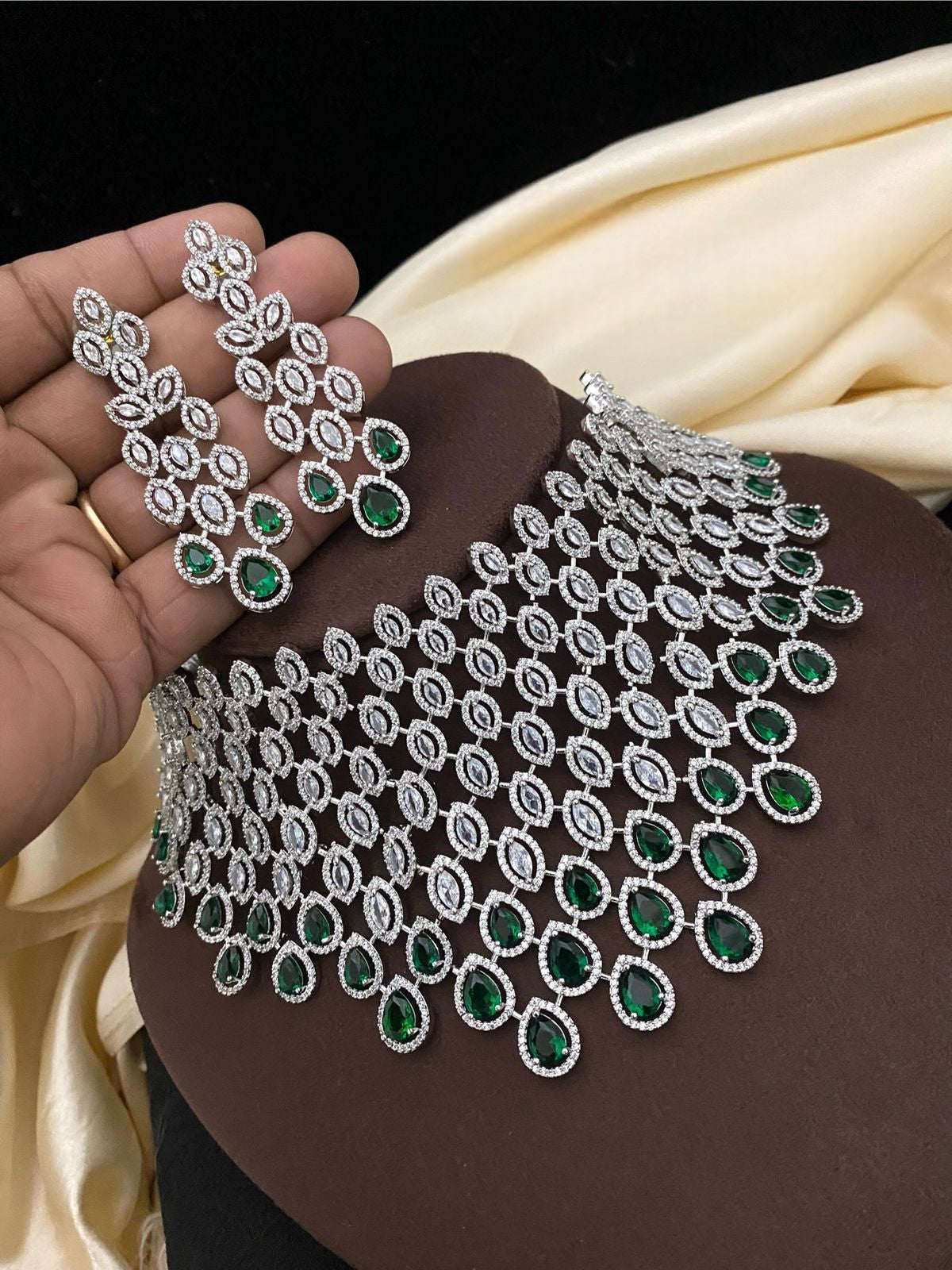 Silver-Plated Choker Necklace Set with Mint Green Stones | Silver-Plated Indian Jewellery | Stylish Indian Necklace Set With Matching Earrings