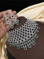 Silver-Plated Choker Necklace Set with Mint Green Stones | Silver-Plated Indian Jewellery | Stylish Indian Necklace Set With Matching Earrings