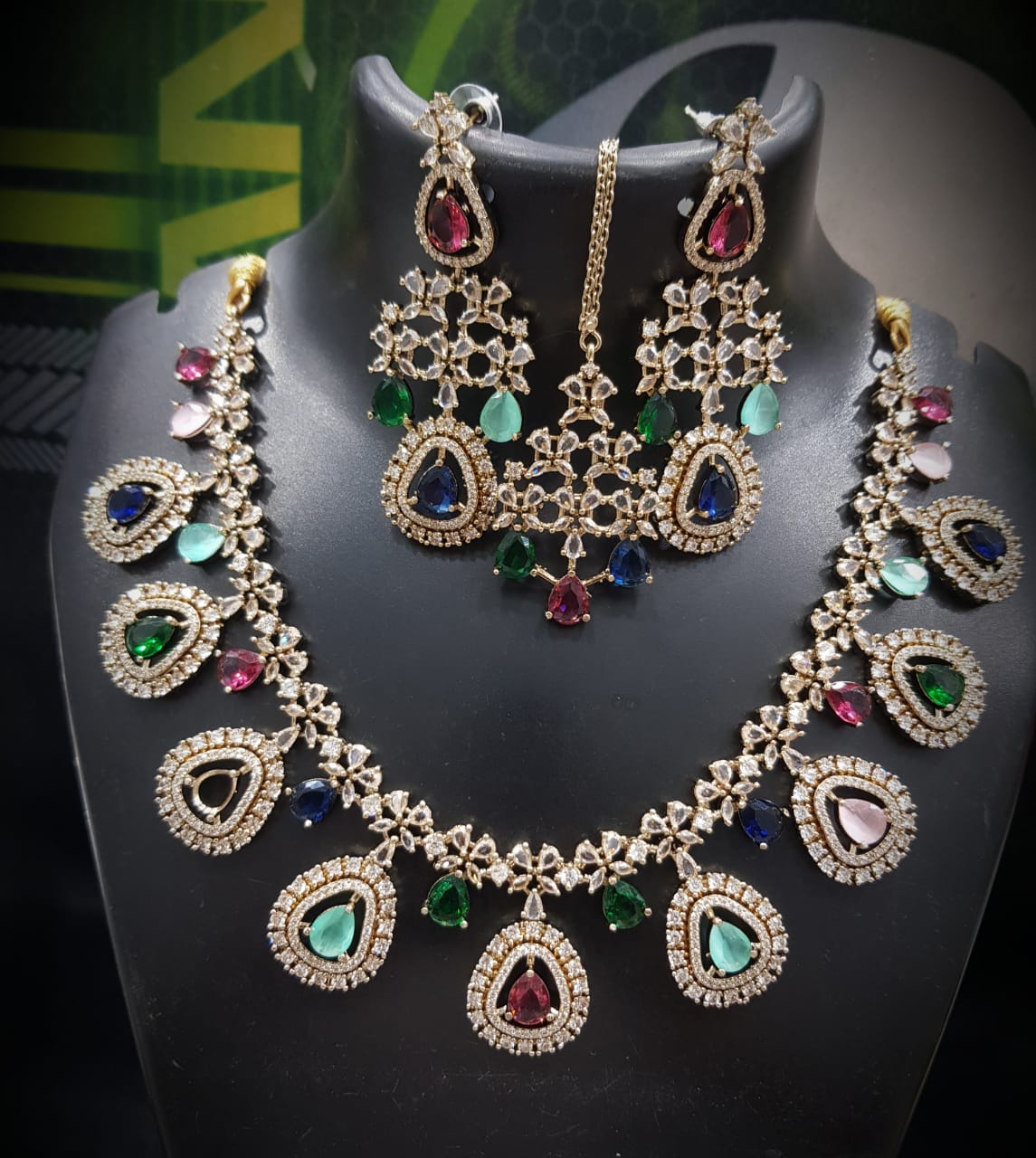 Multicolor Stone Studded Bridal Necklace Set with Earrings & Maangtika | Indian Jewellery | Stone Jewellery | Indian Necklace Set