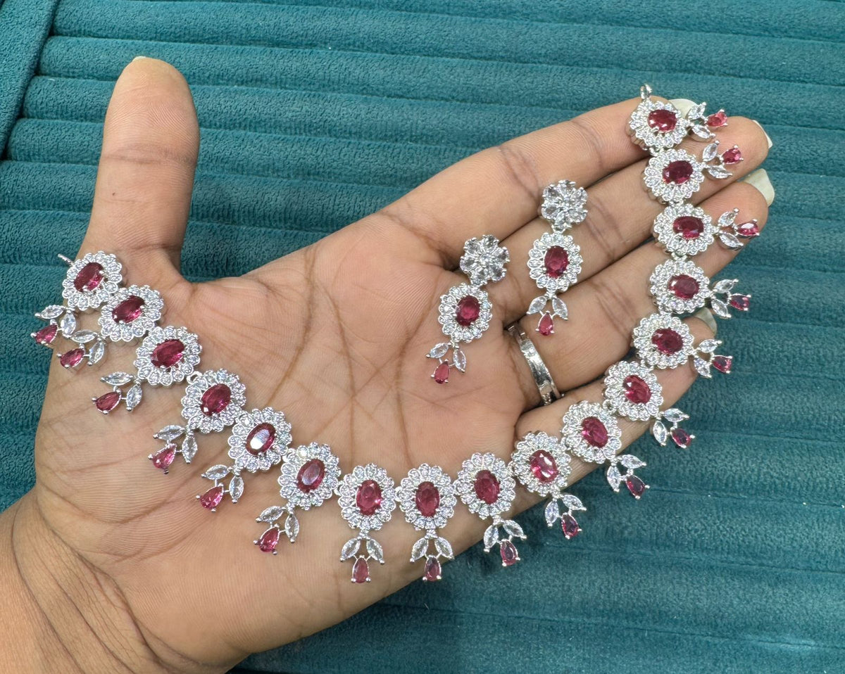 Premium Stone Silver-Plated Necklace Set with Matching Earrings | Indian Jewellery | Stone Jewellery | Indian Necklace Set