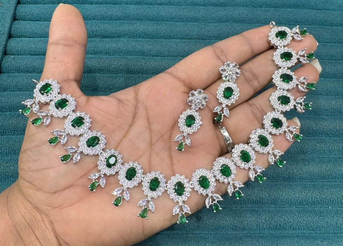 Premium Stone Silver-Plated Necklace Set with Matching Earrings | Indian Jewellery | Stone Jewellery | Indian Necklace Set