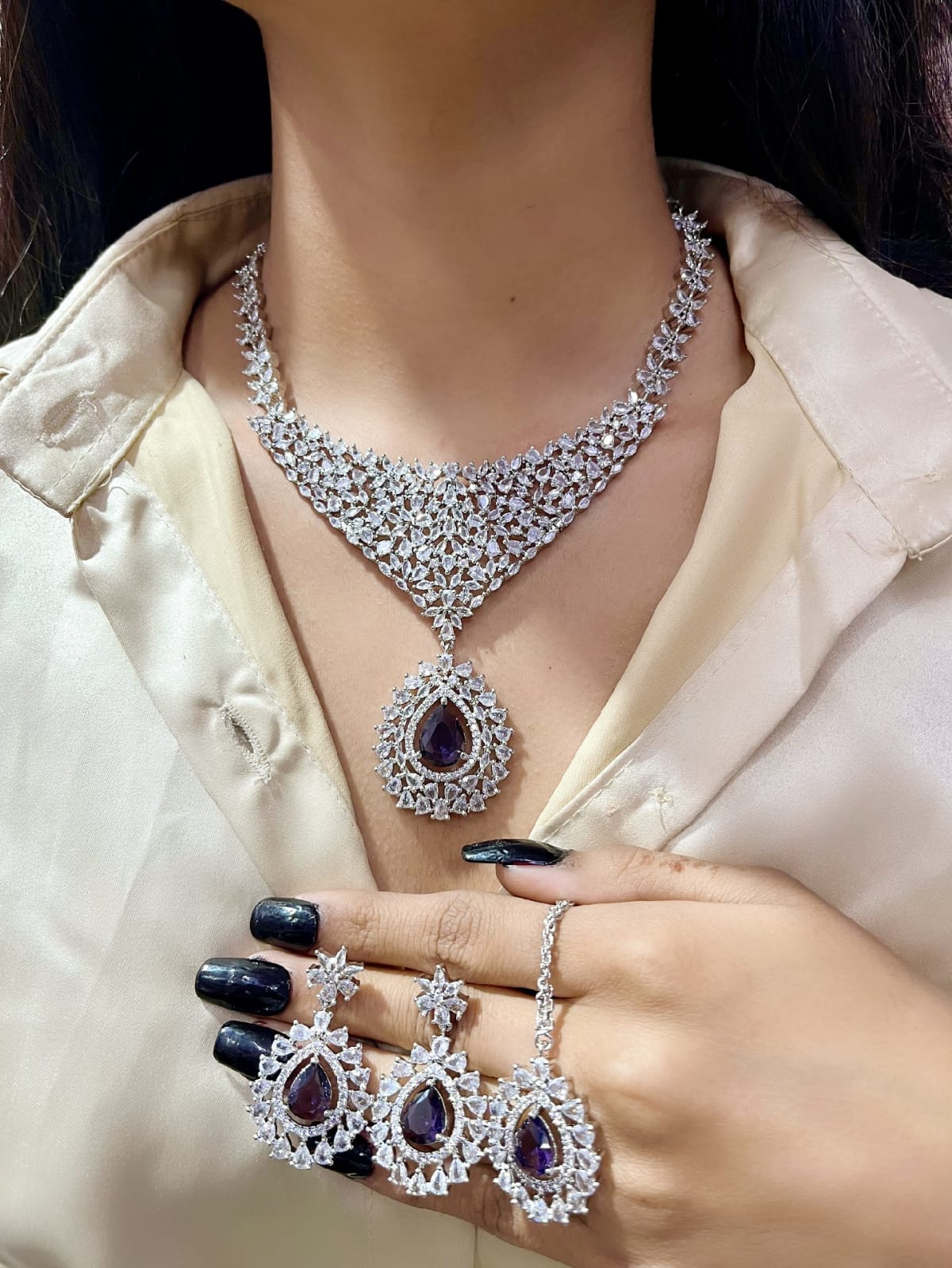 Stone Silver-Plated Bridal Necklace Set with Necklace, Earrings & Maangtika | Indian Jewellery | Stone Jewellery | Indian Necklace Set