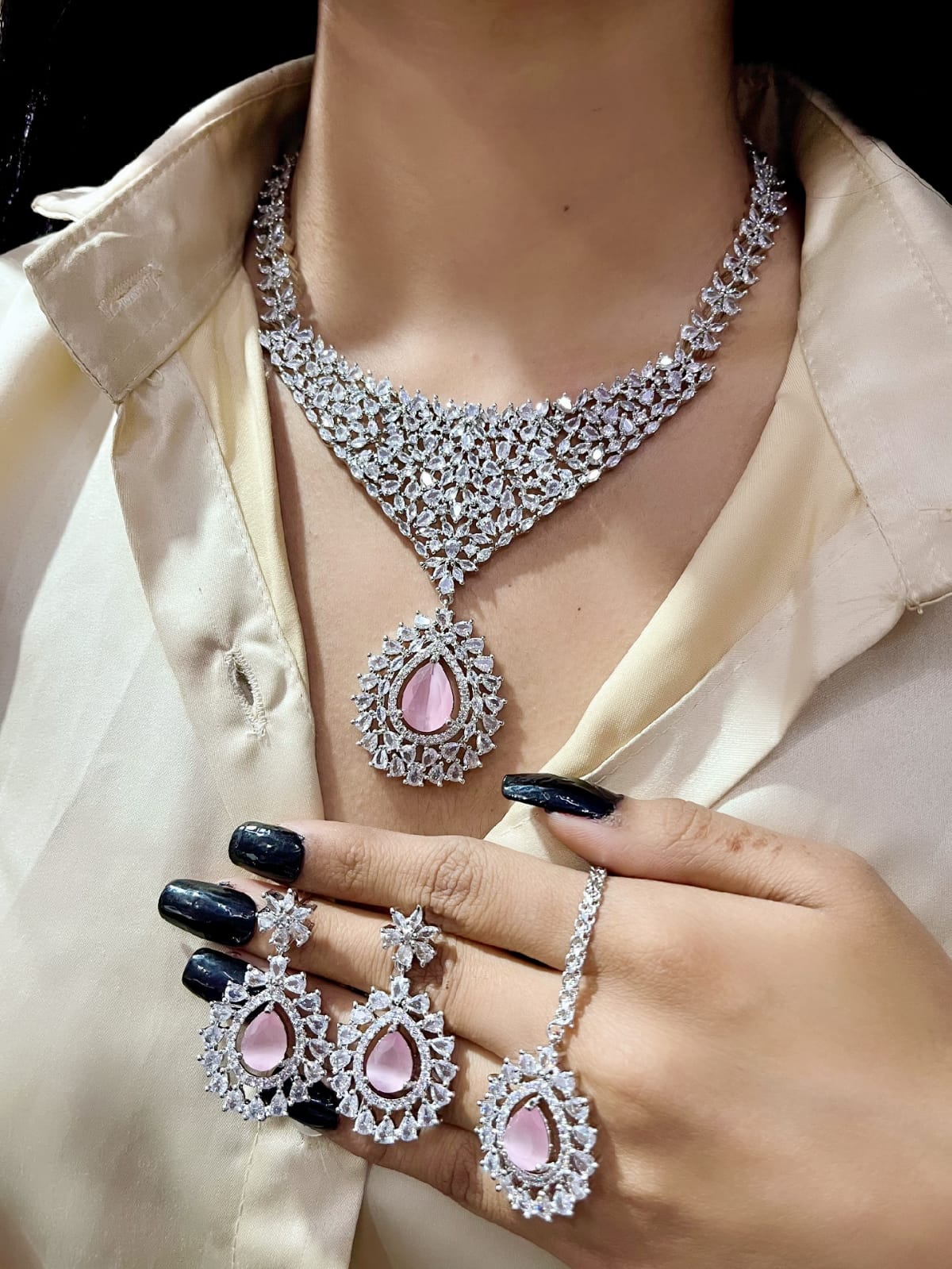 Stone Silver-Plated Bridal Necklace Set with Necklace, Earrings & Maangtika | Indian Jewellery | Stone Jewellery | Indian Necklace Set