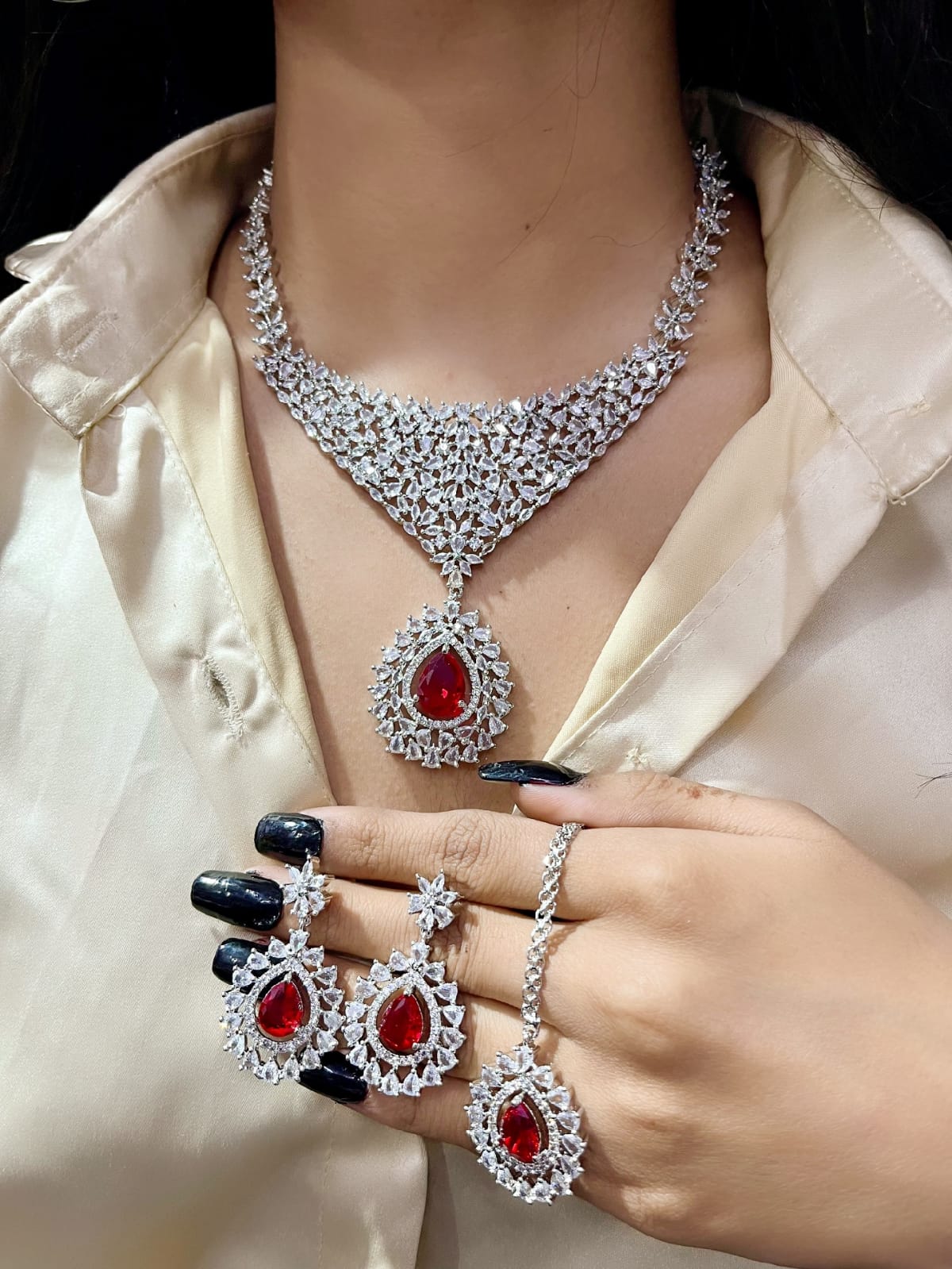 Stone Silver-Plated Bridal Necklace Set with Necklace, Earrings & Maangtika | Indian Jewellery | Stone Jewellery | Indian Necklace Set