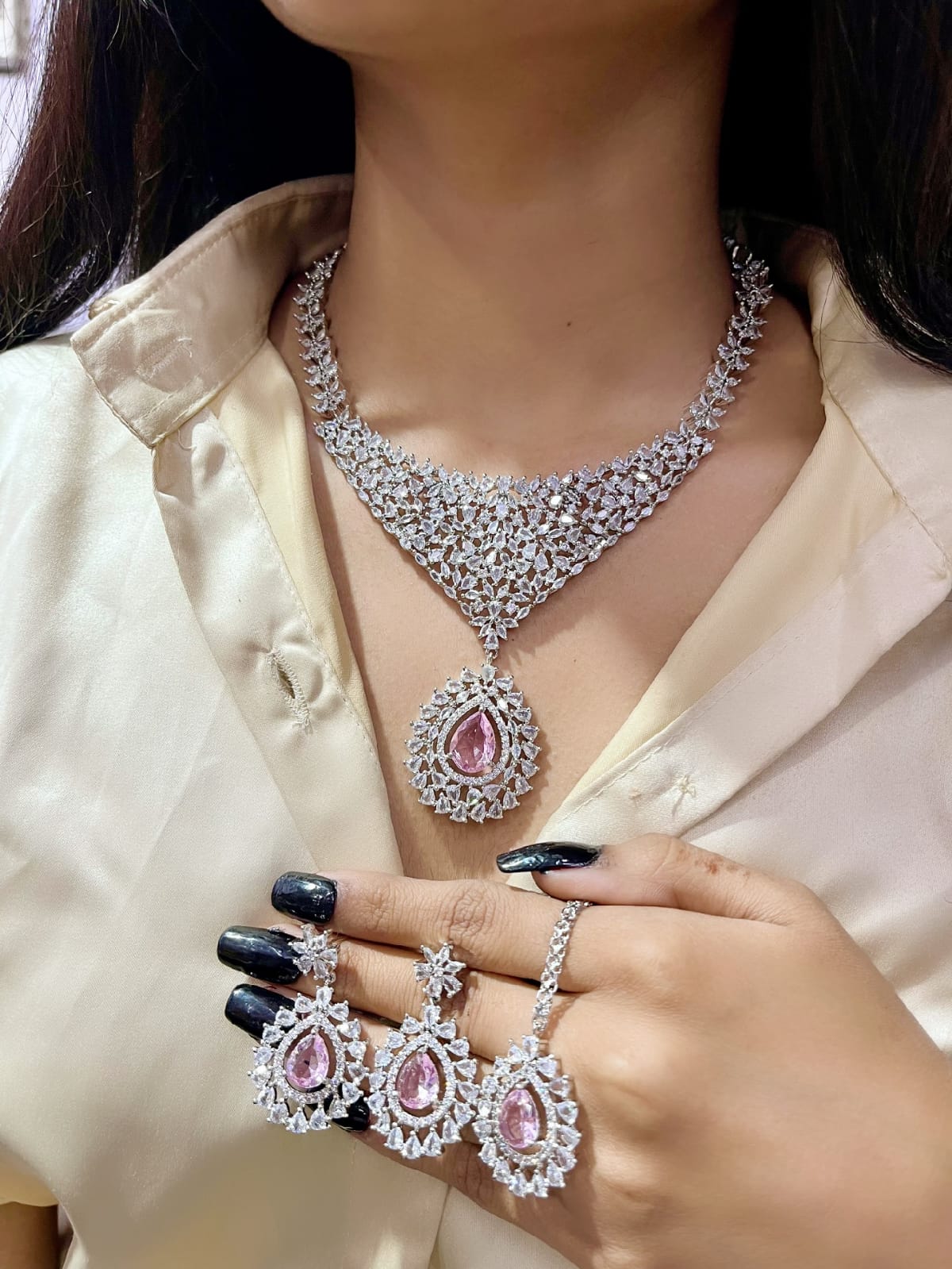 Stone Silver-Plated Bridal Necklace Set with Necklace, Earrings & Maangtika | Indian Jewellery | Stone Jewellery | Indian Necklace Set