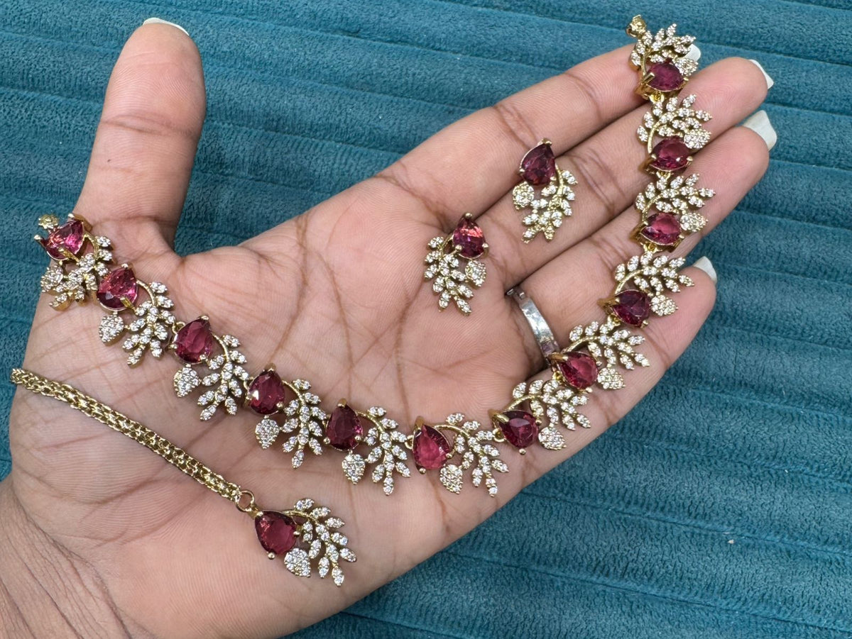 Multicolor Stone Diamond Necklace Set with Matching Earrings & Maangtika | Premium Indian Jewellery | Diamond Jewellery | Indian Necklace Set