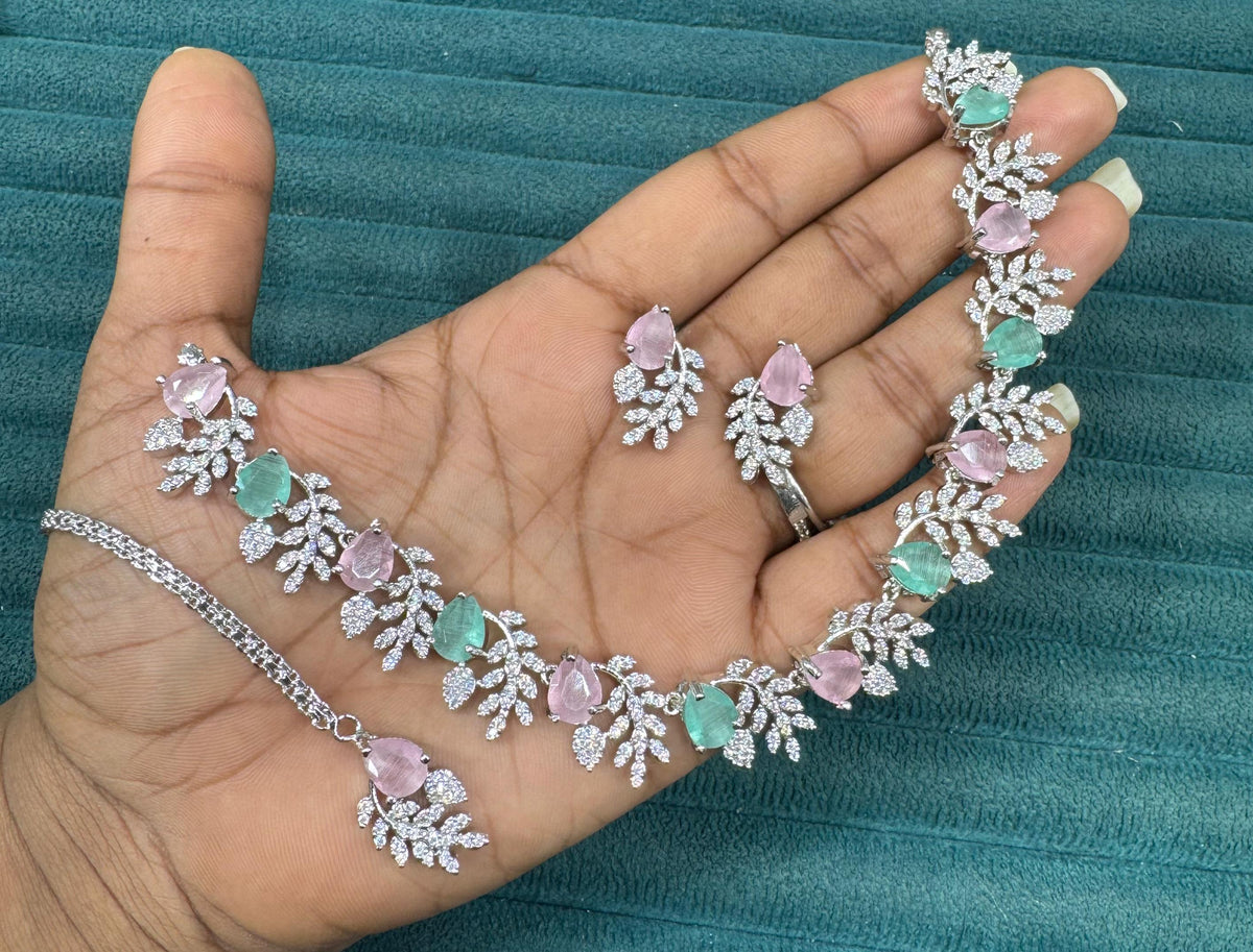 Multicolor Silver Stone Diamond Necklace Set with Matching Earrings & Maangtika | Premium Indian Jewellery | Silver Diamond Jewellery | Indian Necklace Set