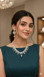 Premium Silver & Pink Stone Necklace Set with Matching Earrings | Indian Jewellery | Stone Jewellery | Indian Neckles Set for Women