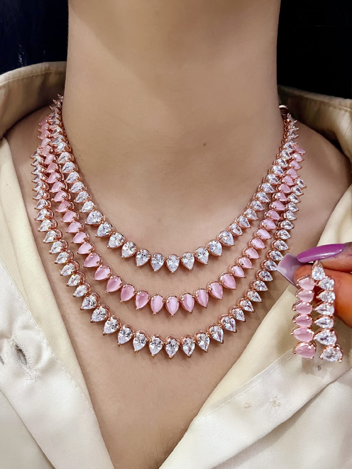 Premium Silver & Pink Stone Necklace Set with Matching Earrings | Sparkling Stone Jewellery | Indian Jewellery | Elegant Indian Neckles Set for Women