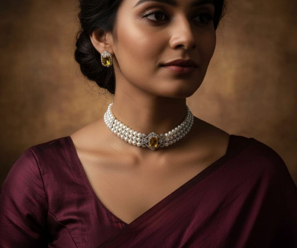Pearl Choker Necklace Set with Yellow Stone | Diamond-Style Traditional Choker with Matching Earrings | Indian Jewellery Pearl Necklace Set
