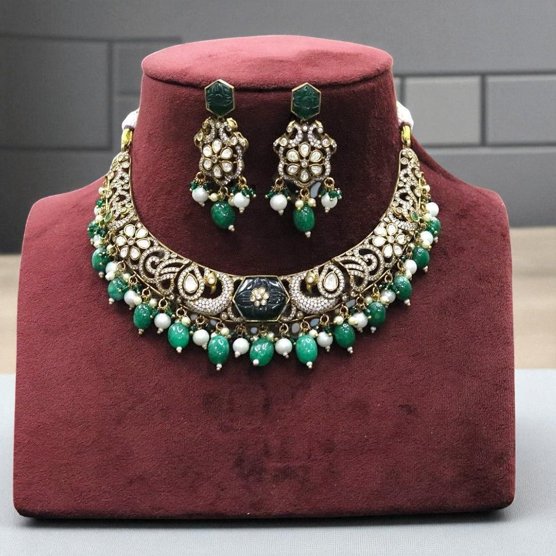 Antique Green Beaded Kundan Choker Necklace & Earring Set Traditional Temple Jewelry Design - Libasaa.com