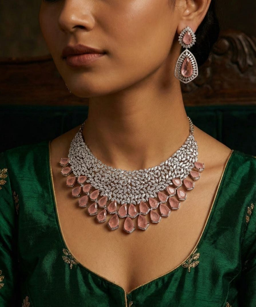 Luxury Pink Stone Diamond Choker Necklace Set with Matching Earrings | Indian Jewellery