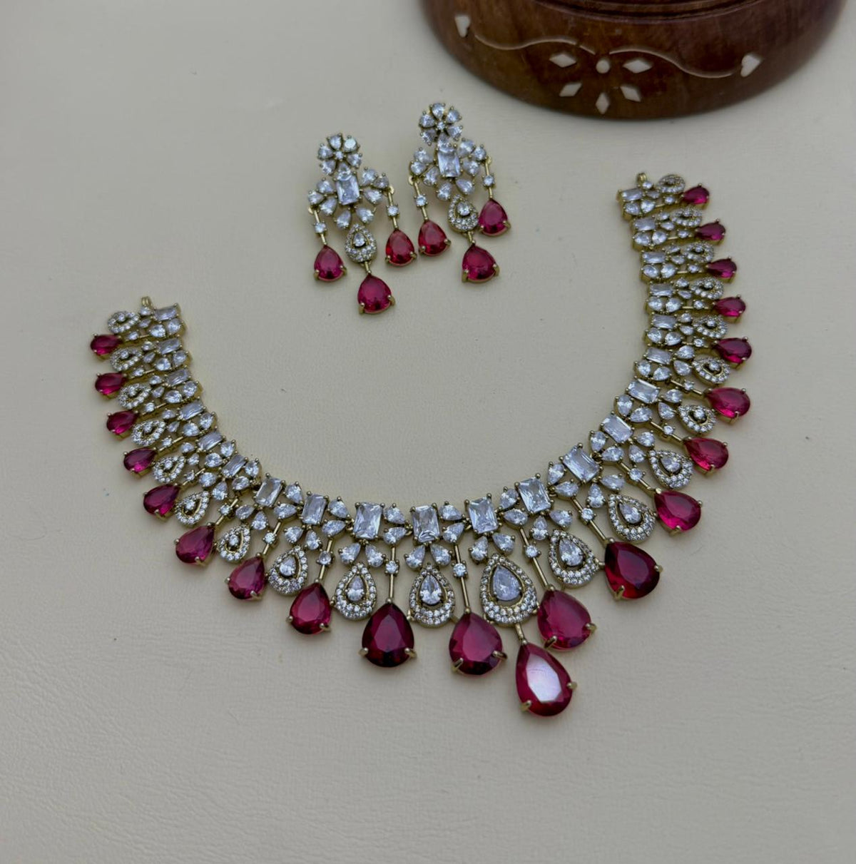 Stone Diamond-Style Necklace Set with Matching Earrings | Indian Jewellery Stone Necklace Set