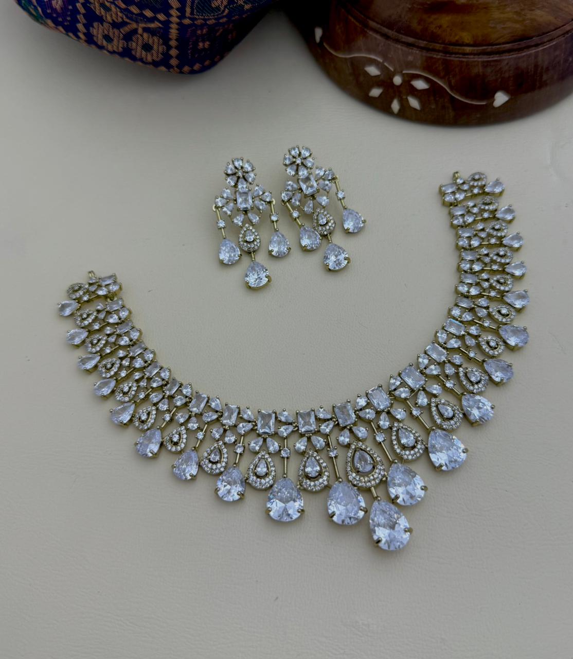 Stone Diamond-Style Necklace Set with Matching Earrings | Indian Jewellery Stone Necklace Set