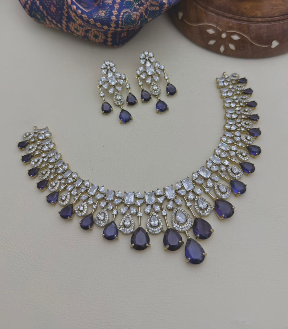 Stone Diamond-Style Necklace Set with Matching Earrings | Indian Jewellery Stone Necklace Set