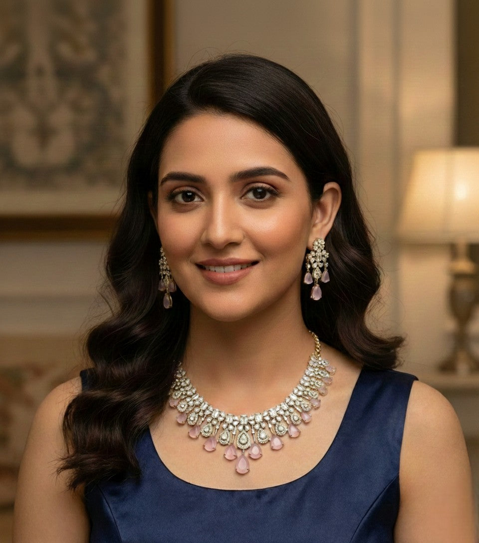 Stone Diamond-Style Necklace Set with Matching Earrings | Indian Jewellery Stone Necklace Set