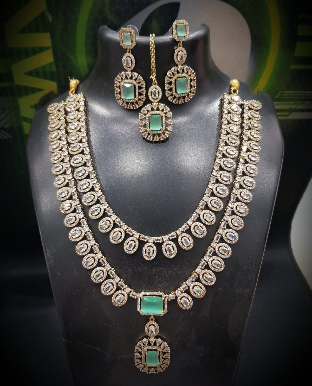 Bridal Emerald Green Stone Layered Necklace Set with Earrings & Maang Tikka | Gold Plated Indian Jewellery Necklace Set