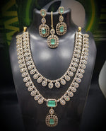 Bridal Emerald Green Stone Layered Necklace Set with Earrings & Maang Tikka | Gold Plated Indian Jewellery Necklace Set