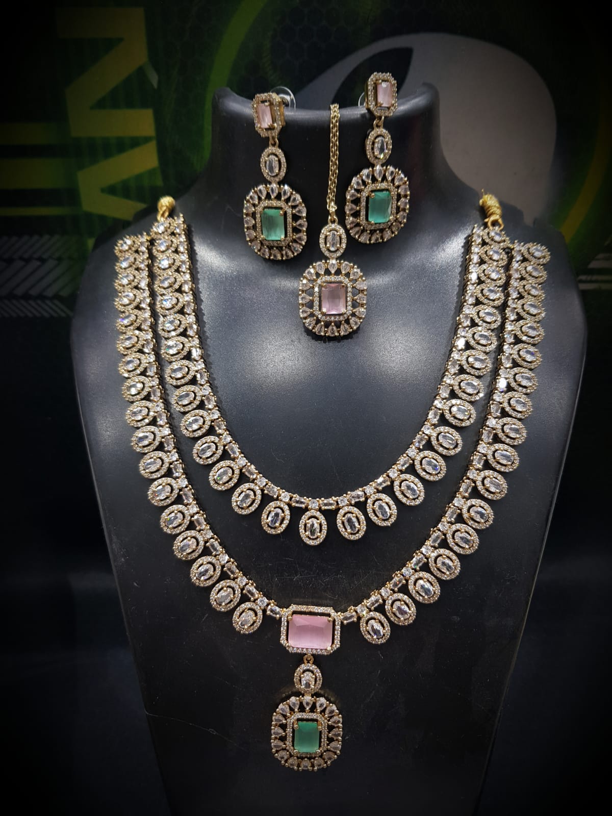 Bridal Emerald Green Stone Layered Necklace Set with Earrings & Maang Tikka | Gold Plated Indian Jewellery Necklace Set