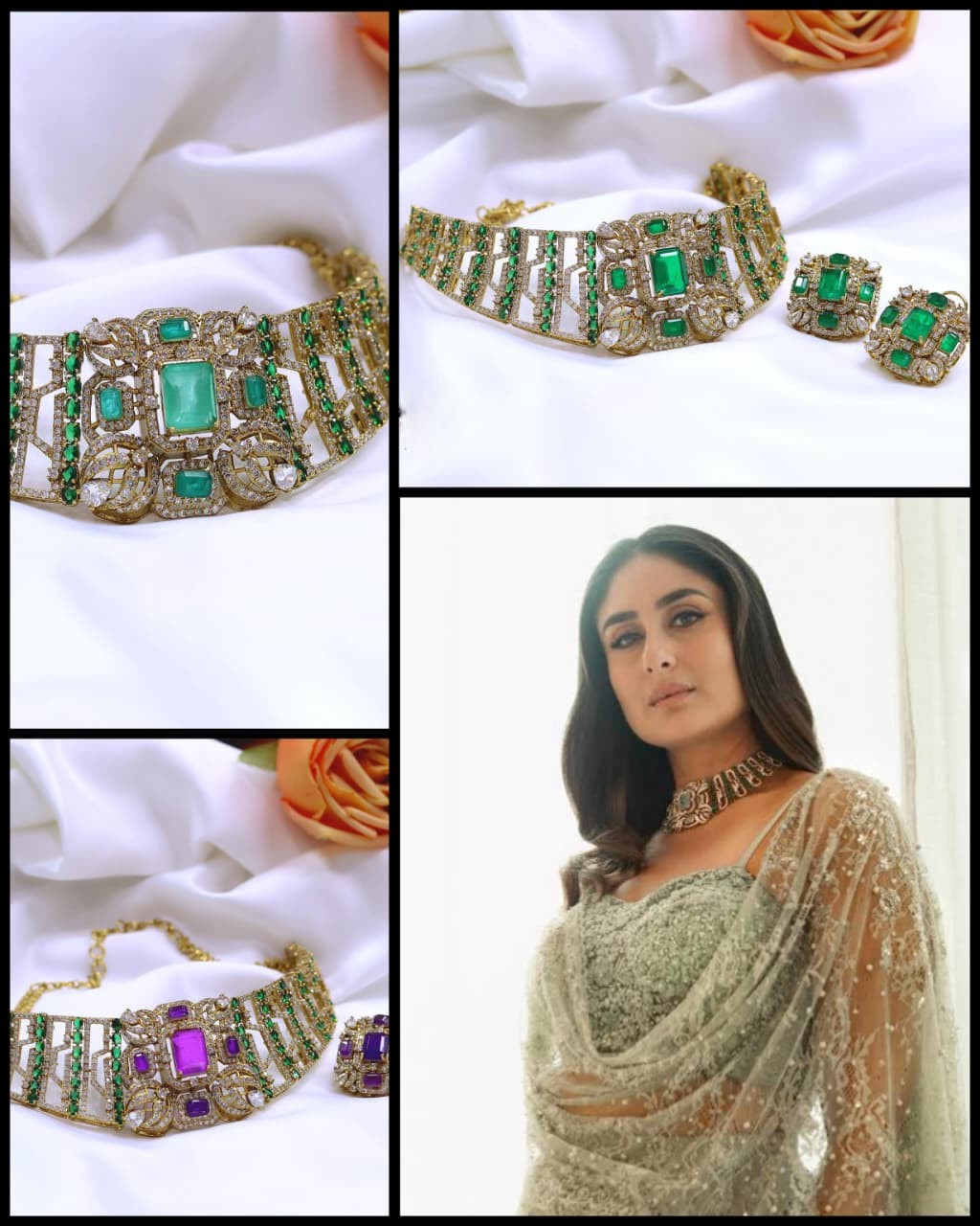 Premium Purple & Green Stone Gold-Plated Kundan Choker Necklace Set with Matching Earrings | Kareena Kapoor Inspired Bollywood Indian Jewellery Set