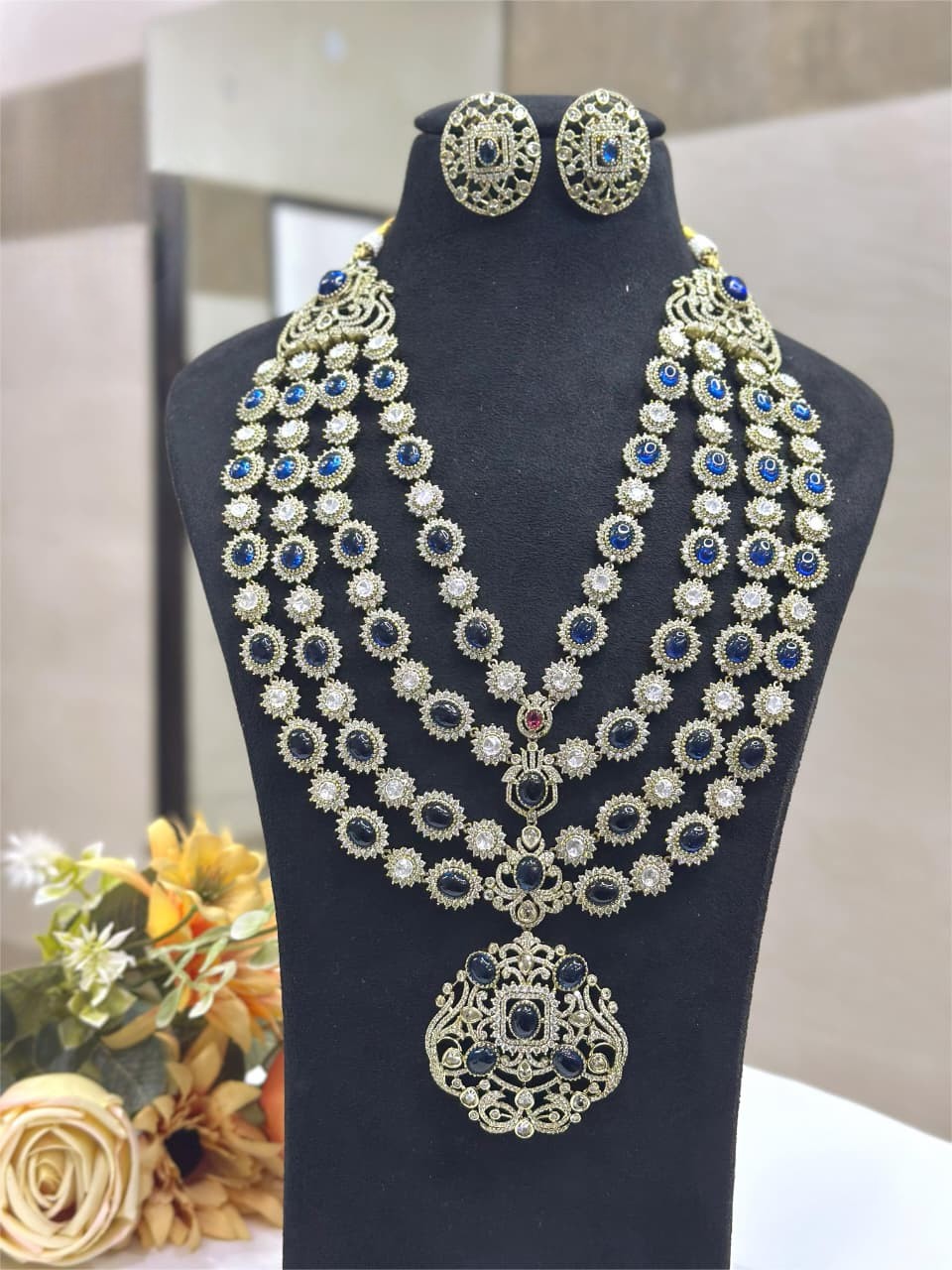 Emerald Green Stone Bridal Long Necklace Set with Earrings | Kundan Jewellery Indian Necklace Set | Traditional Wedding Jewellery