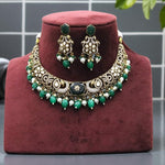 Antique Green Beaded Kundan Choker Necklace & Earring Set Traditional Temple Jewelry Design - Libasaa.com