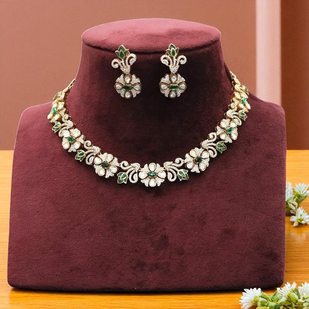 Floral Green & White CZ Stone Necklace & Earring Set – Elegant Party Wear Jewelry - Libasaa.com