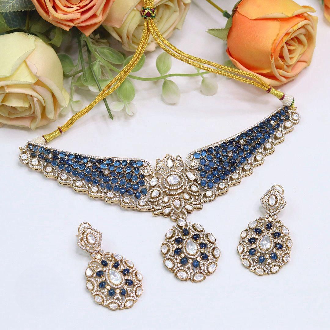 Blue Stone Kundan Bridal Necklace Set with Earrings | Indian Jewellery Wedding Necklace Set | Traditional Stone Jewellery Indian Necklace Set